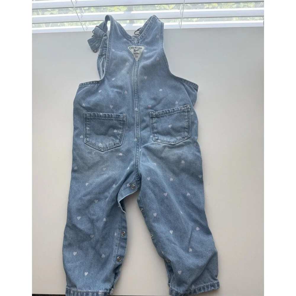 OshKosh B'Gosh Hearts Blue Denim Overalls Girls Size 18M